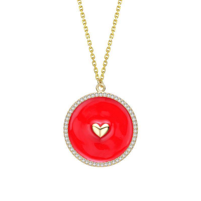 14k Gold Plated Cubic Zirconia Enameled Heart Medallion Pendant Necklace, Womens Gold Tone Red Product Image