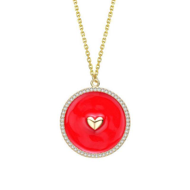 14k Gold Plated Cubic Zirconia Enameled Heart Medallion Pendant Necklace, Womens Red Product Image