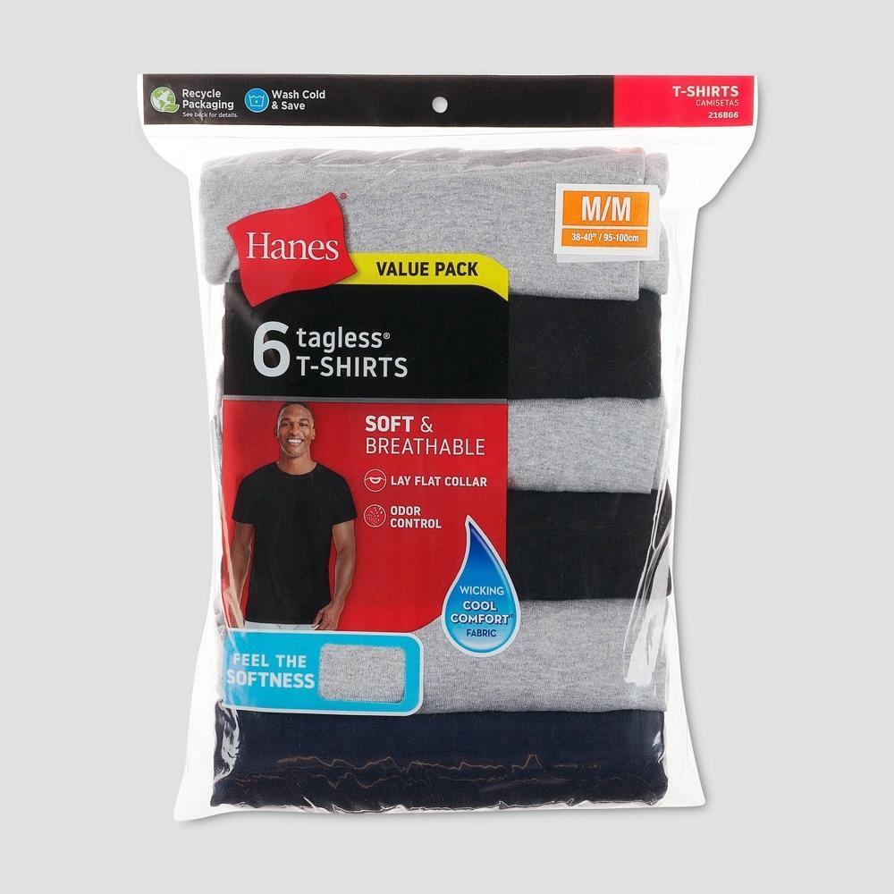 Hanes Mens T-Shirt Pack, Moisture-Wicking Stay-Tucked Undershirts, Black/Grey/Blue, 6-Pack Product Image