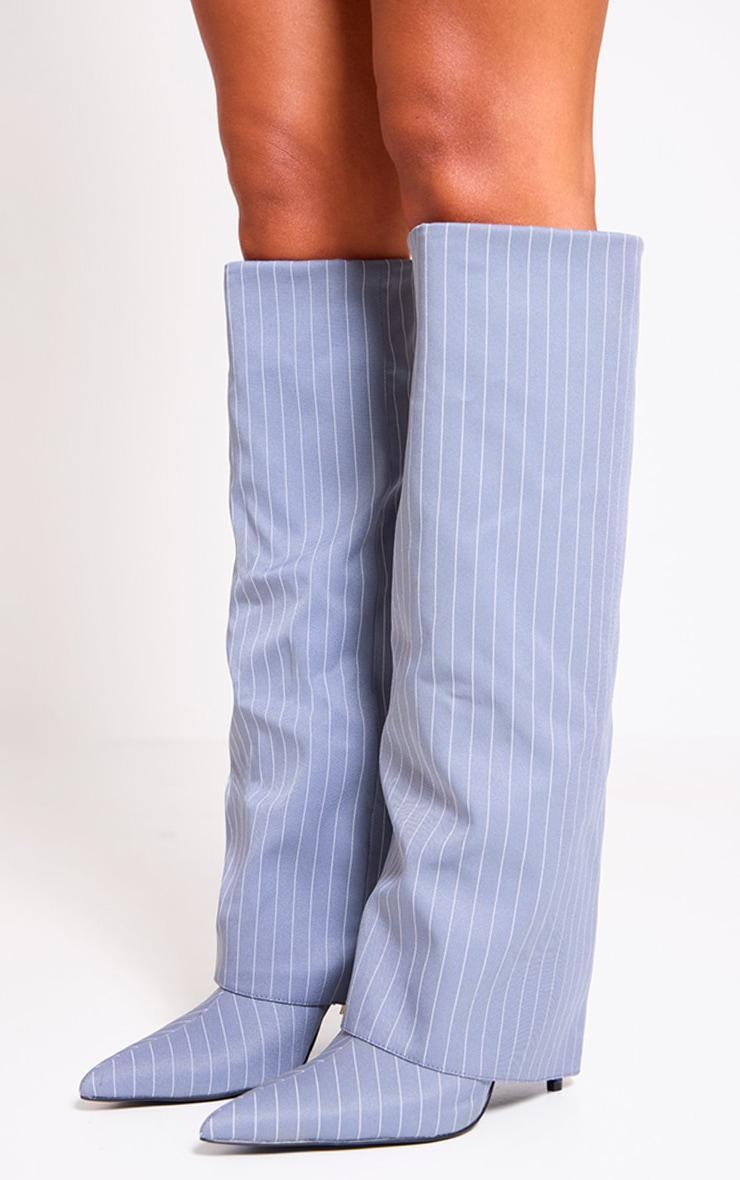 Grey Pinstripe Point Toe Fold Over Knee High Stiletto Heeled Boots Product Image