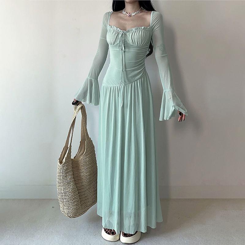 Long-Sleeve Queen Anne Neckline Plain Maxi A-Line Dress Product Image