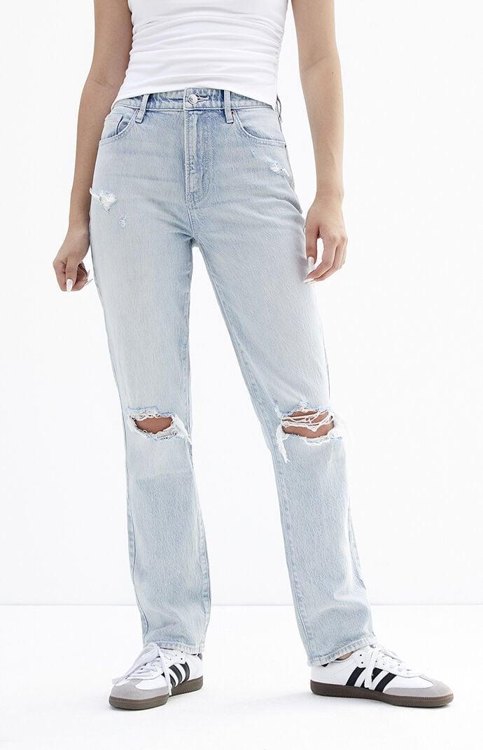 Women's Light Indigo Distressed Dad Jeans Product Image