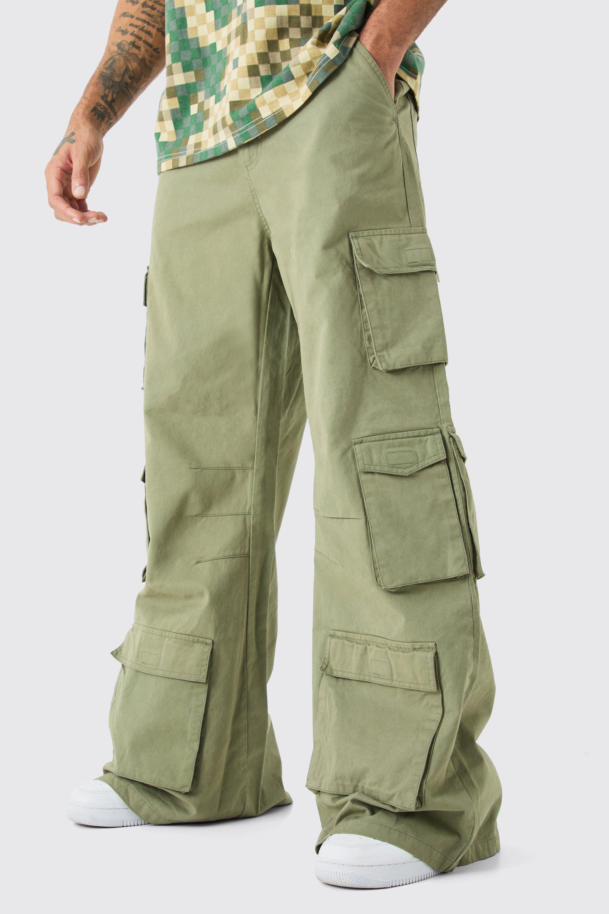 Mens Green Extreme Baggy Rigid Multi Cargo Pocket Trousers, Green Product Image