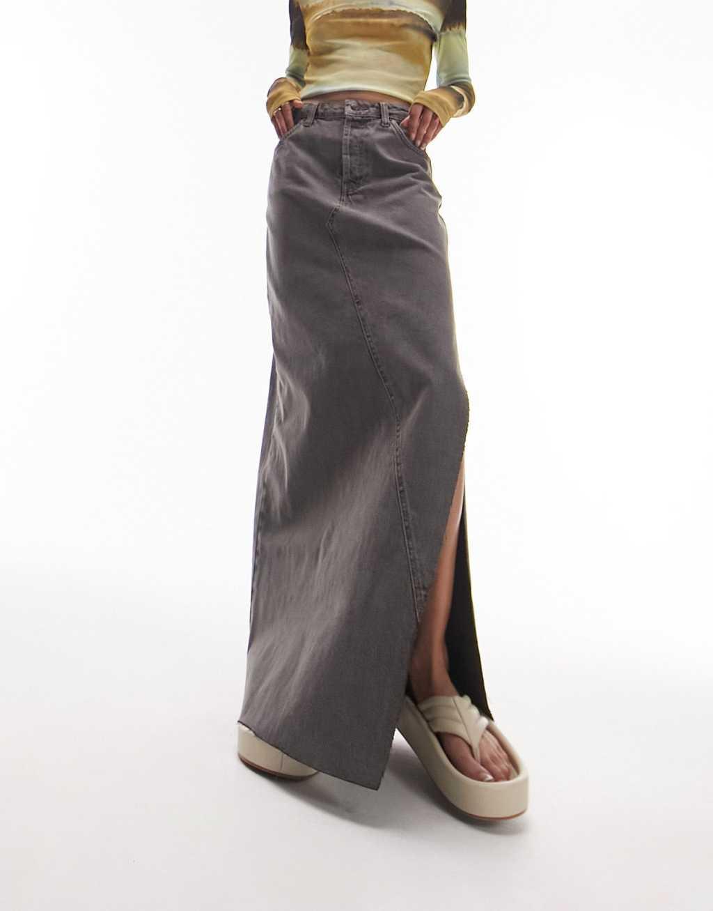 Topshop denim thigh split maxi skirt in gray Product Image