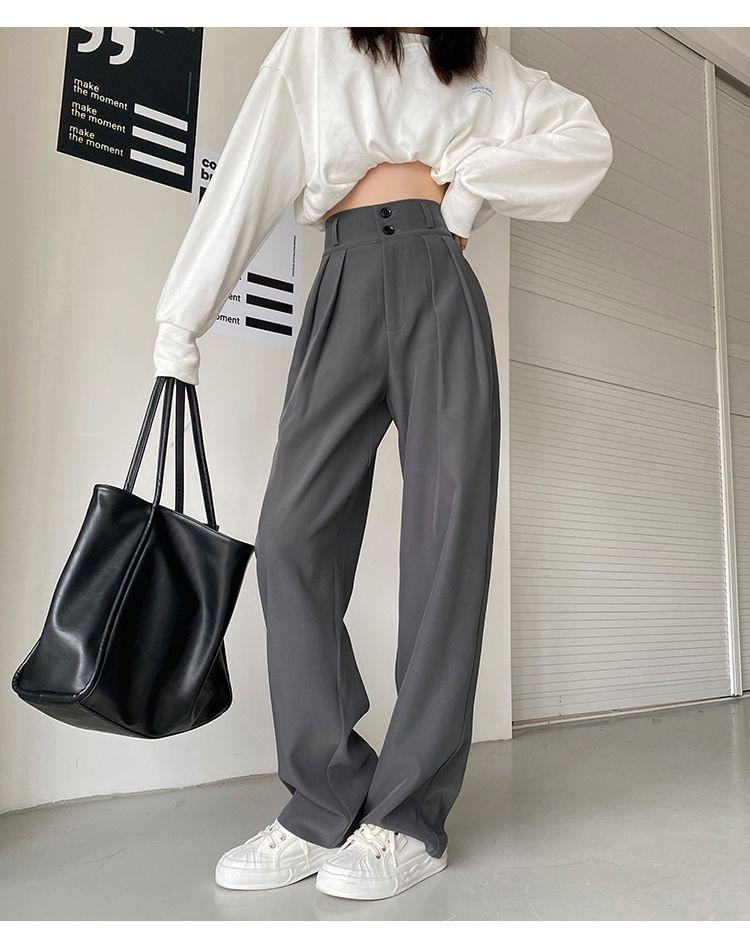 High Rise Plain Pleated Wide Leg Suit Pants Product Image