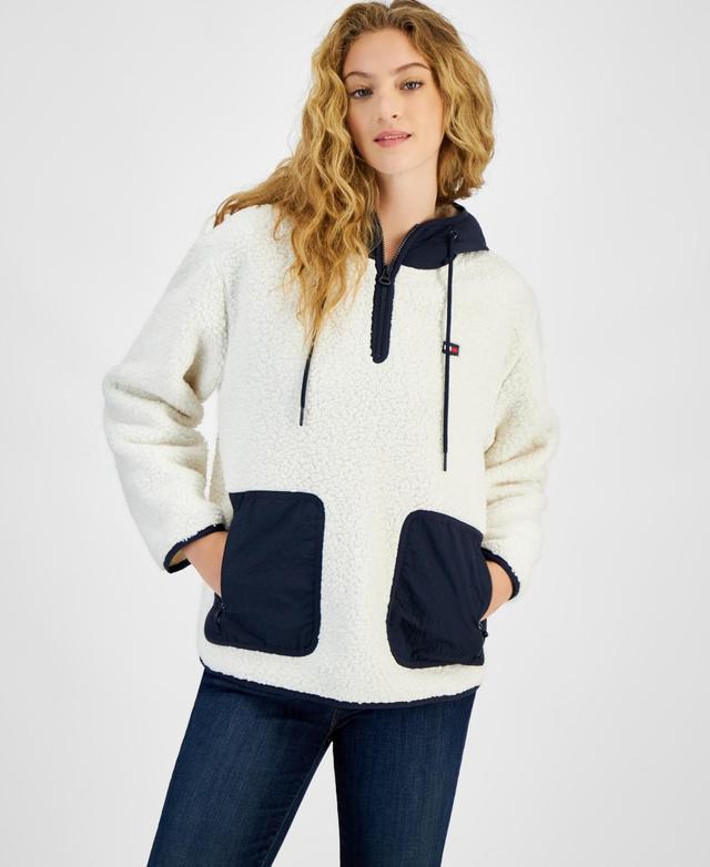 Tommy Hilfiger Womens Solid Sherpa Hooded Pullover Jacket Product Image