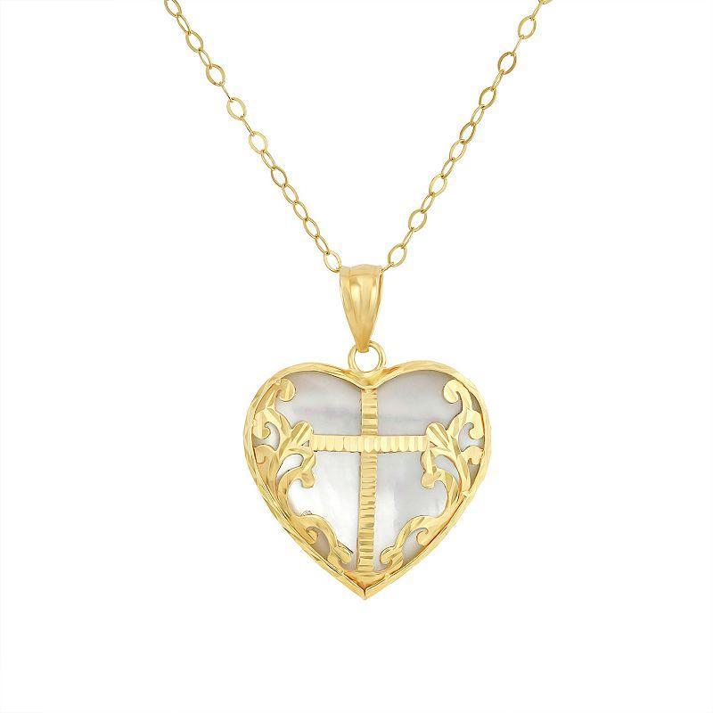 Taylor Grace 10k Gold Mother-of-Pearl Heart with Cross Overlay Pendant Necklace, Womens Yellow Product Image