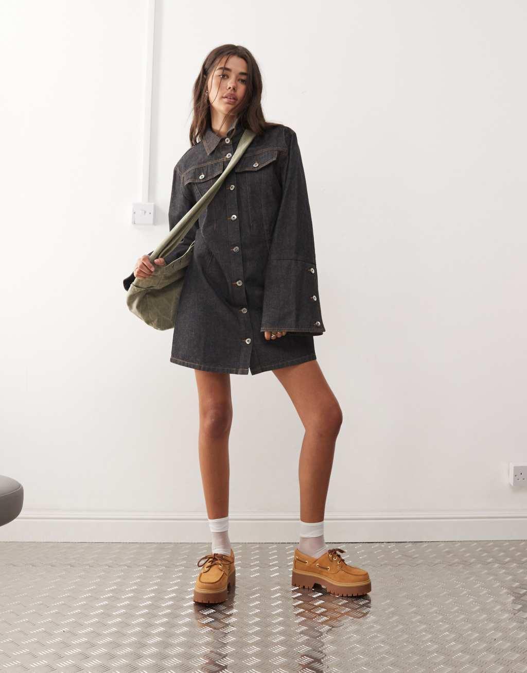 COLLUSION denim mini shirt dress in rinse wash Product Image