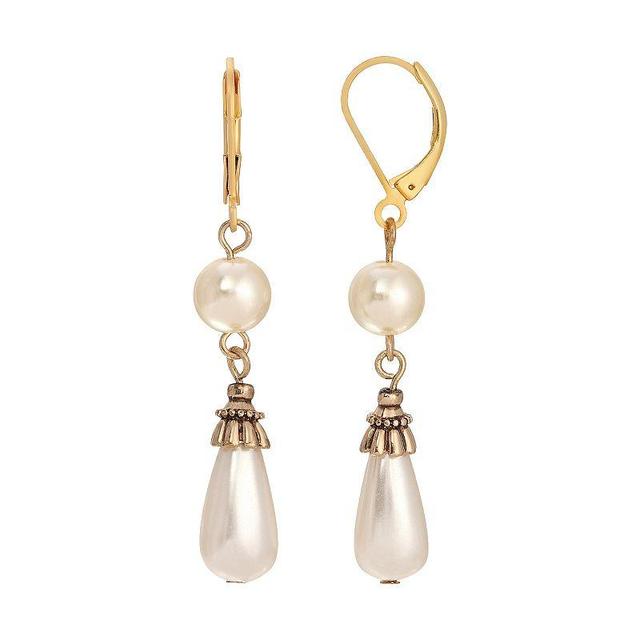 1928 Gold Tone Simulated Pearl Crystal Accent Drop Earrings, Womens, White Product Image