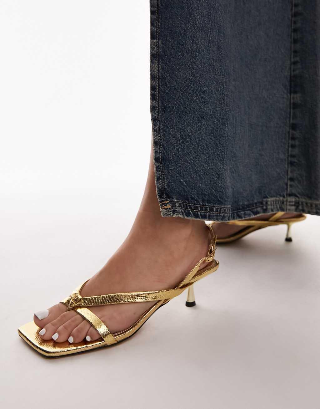 Topshop Issy toe post strappy heeled sandals in gold lizard Product Image