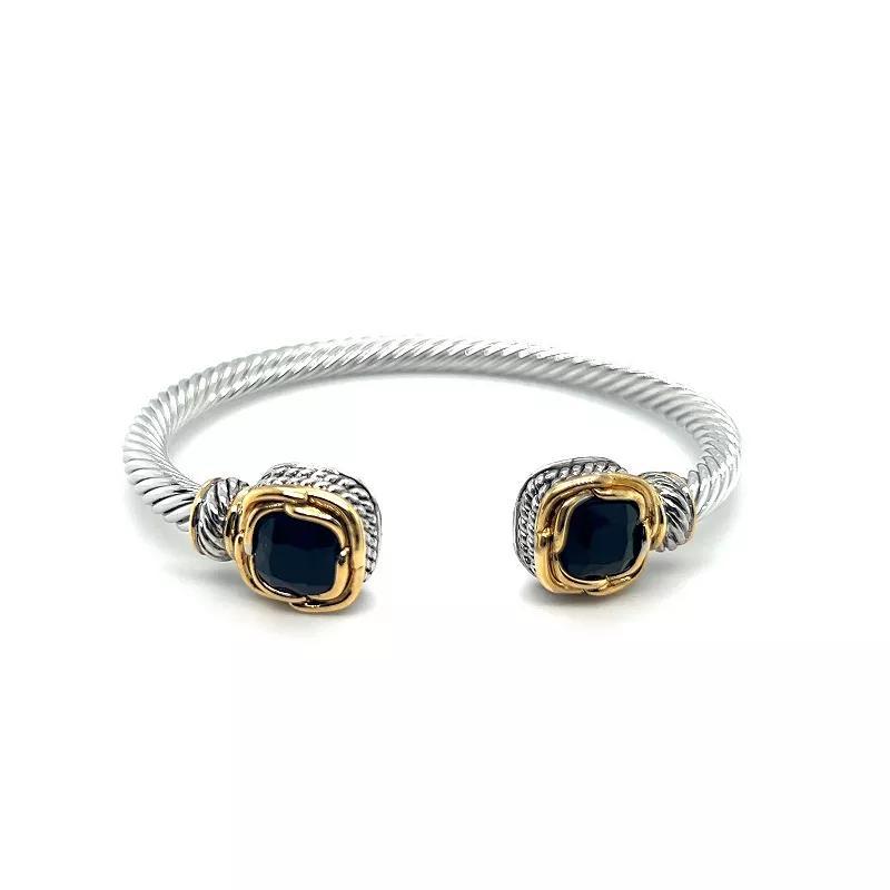 Juvell Two-Tone 18k Gold Plated Lab-Created Onyx Textured Ends Cuff Bracelet, Womens, Two Tone Product Image