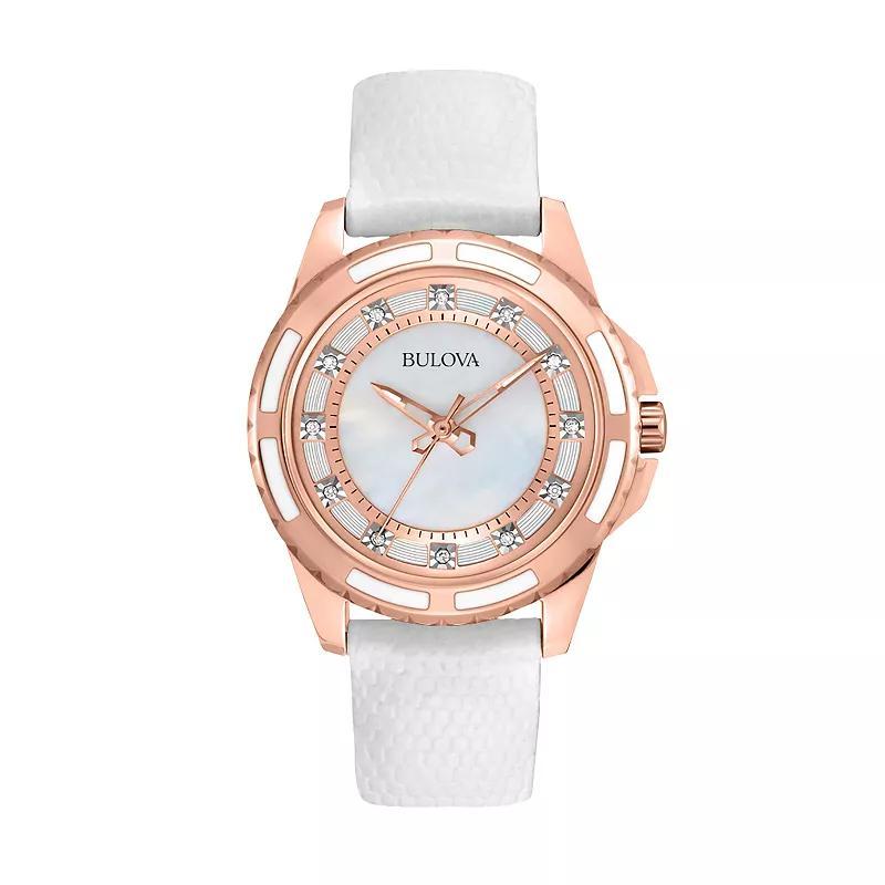 Bulova Stainless Steel Rose Gold Tone Diamond Accent & Mother-of-Pearl Leather Watch - 98P119 - Women, Womens, Multicolor Product Image