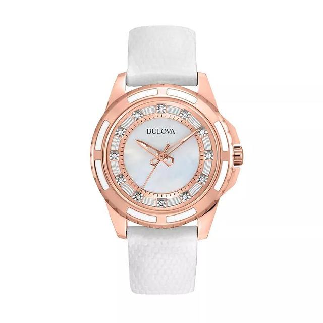 Bulova Stainless Steel Rose Gold Tone Diamond Accent & Mother-of-Pearl Leather Watch - 98P119 - Women, Womens, Multicolor Product Image