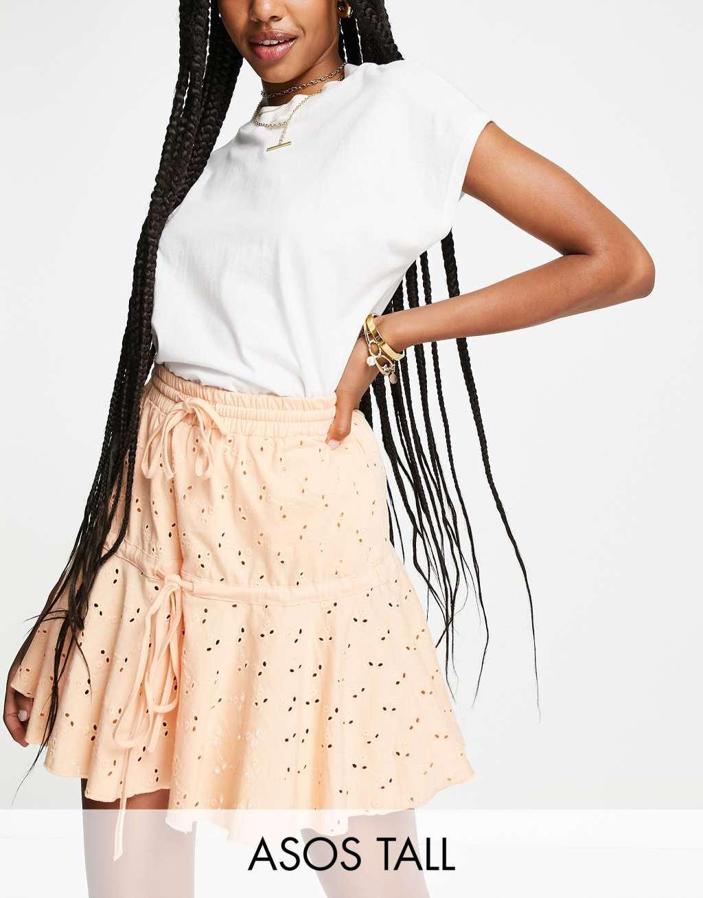 ASOS DESIGN Tall broderie tiered mini skirt with tie detail product image