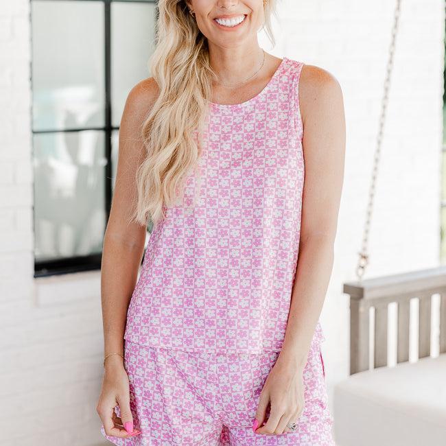 Crazy Daisy Pink Checkered Pajama Tank Top FINAL SALE Product Image