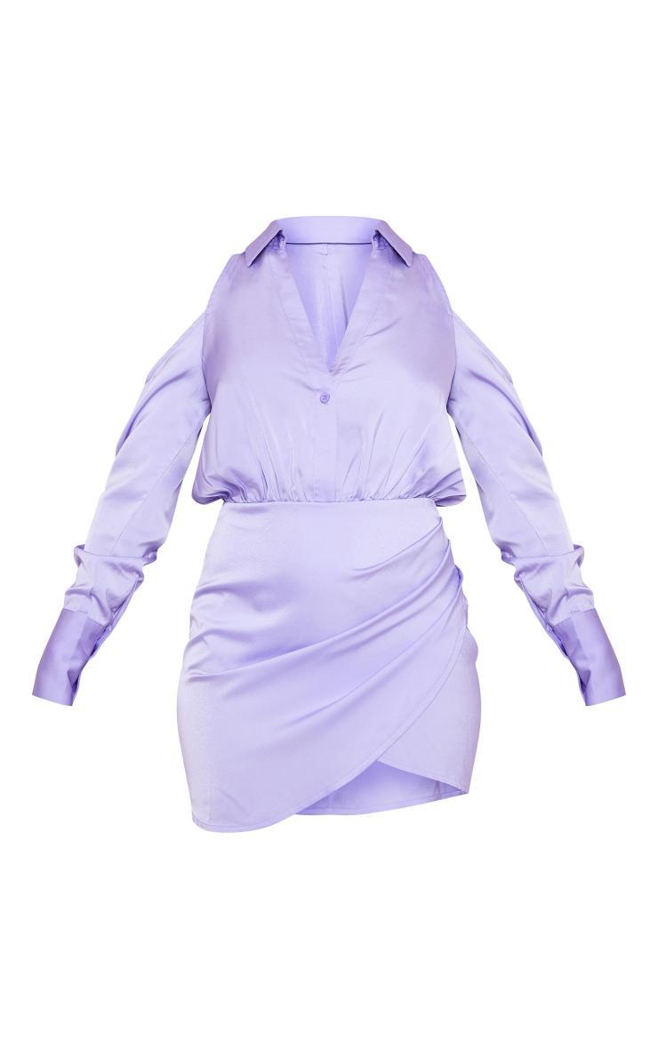 Lilac Cold Shoulder Satin Wrap Shirt Dress Product Image