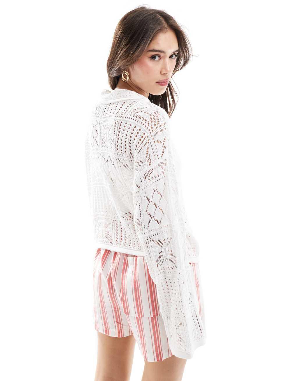 Vero Moda Aware crochet knit cardigan with collar in white Product Image