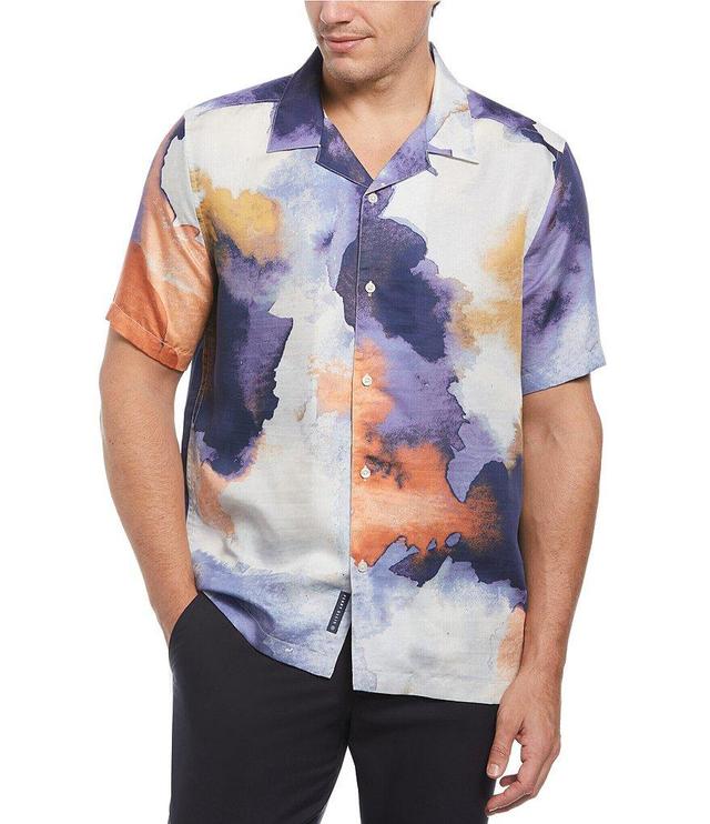 Perry Ellis Satin Watercolor Print Short Sleeve Woven Camp Shirt Product Image