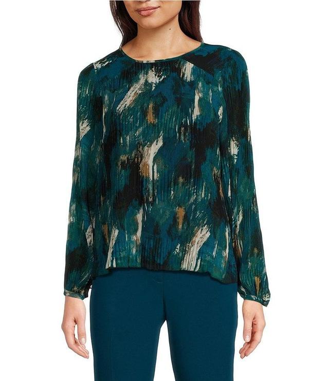 Calvin Klein Printed Crew Neck Long Sleeve Chiffon Micro Accordion Pleated Top Product Image