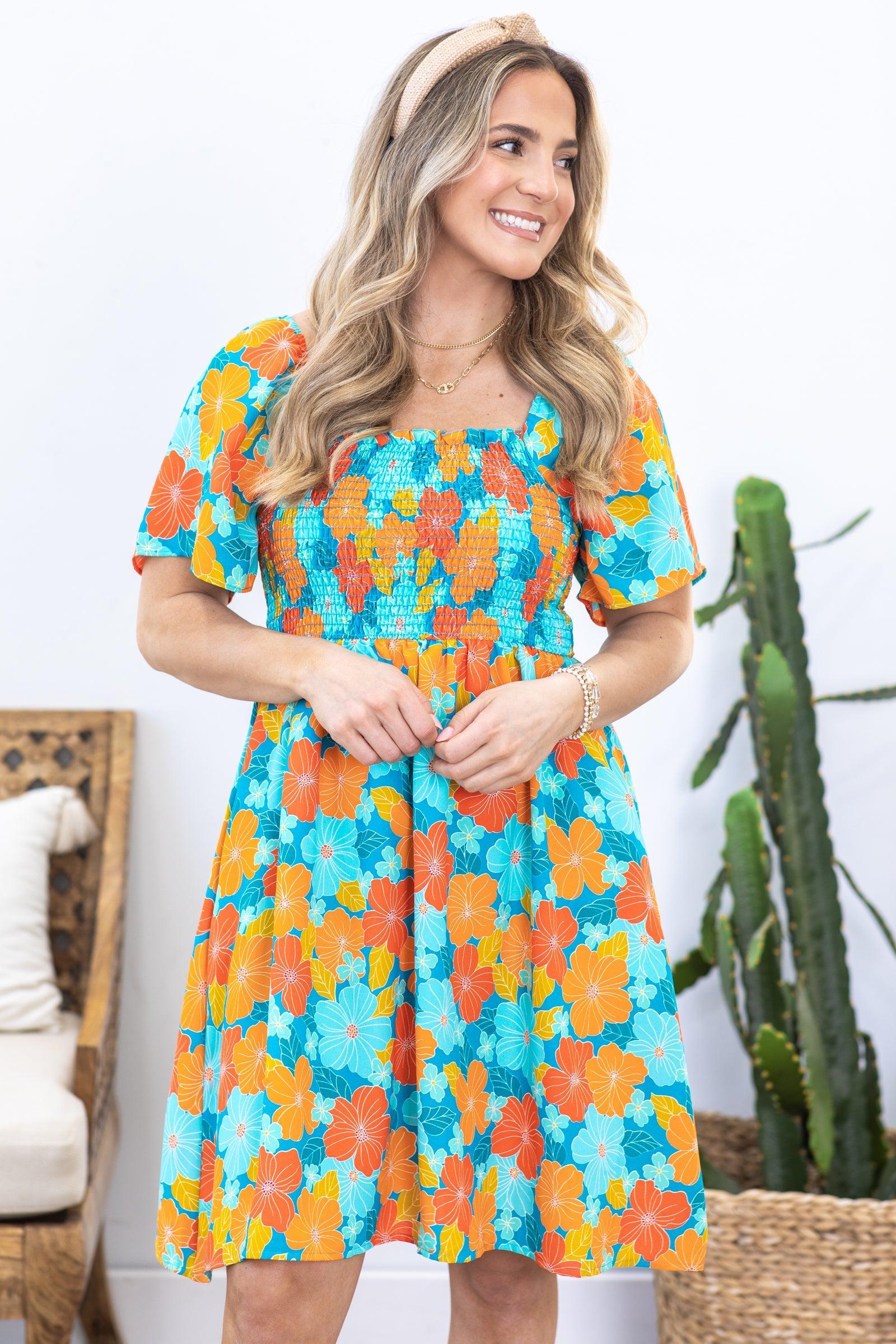 Turquoise and Orange Floral Smocked Dress Product Image