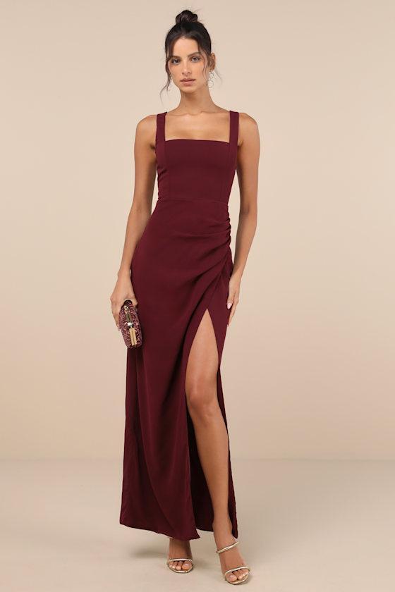 Glamorous Disposition Burgundy Ruched Maxi Dress Product Image