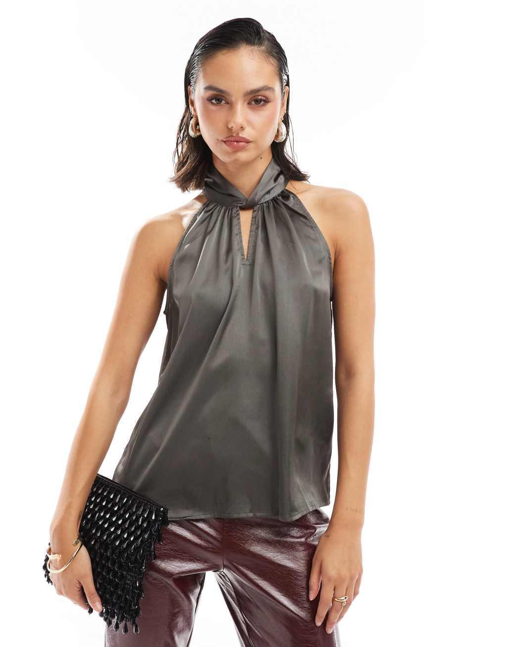 Pieces satin high neck key hole detail top in gray Product Image