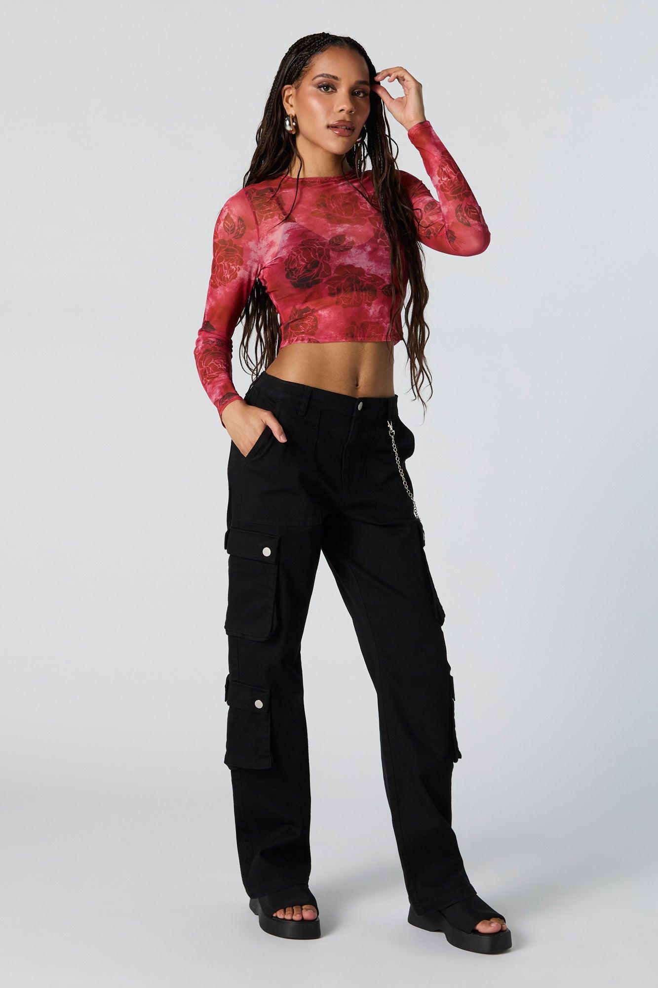 Floral Print Mesh Long Sleeve Crop Top Female Product Image