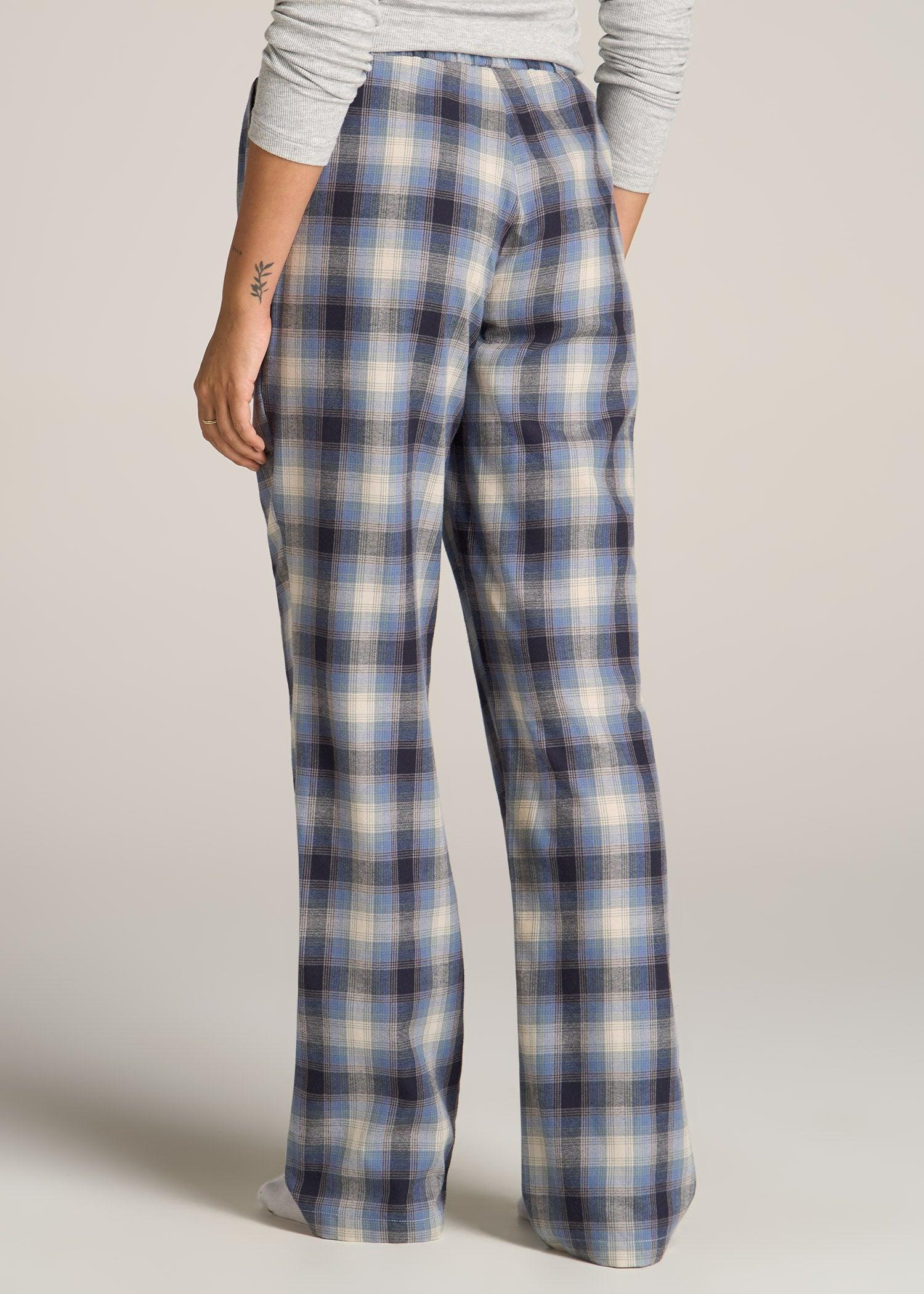 Open-Bottom Flannel Women's Tall Pajama Pants in Blue and Grey Weave Female Product Image