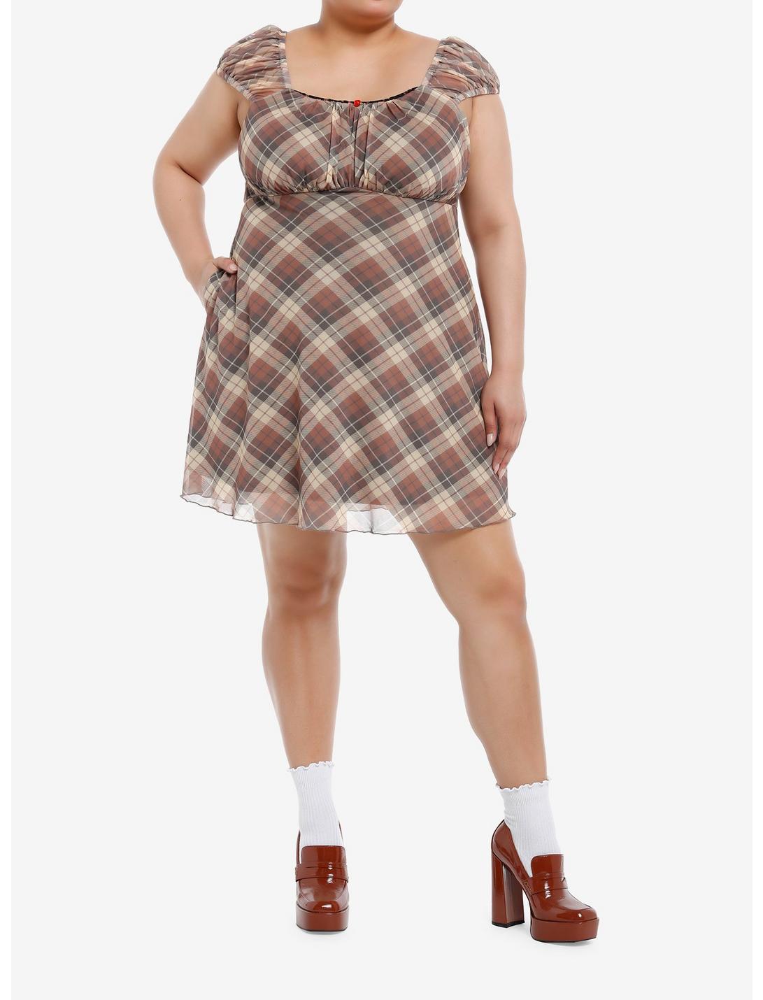 Sweet Society Brown Plaid Rose Babydoll Dress Plus Size Product Image