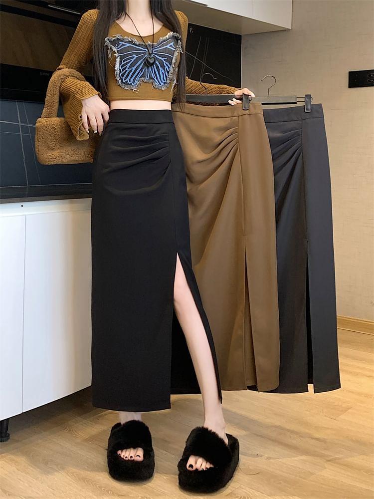 High Waist Plain Ruched Slit Straight Maxi Skirt Product Image