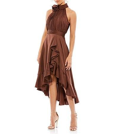 Mac Duggal Halter Mock Neck Sleeveless Ruffle High-Low A-Line Dress Product Image