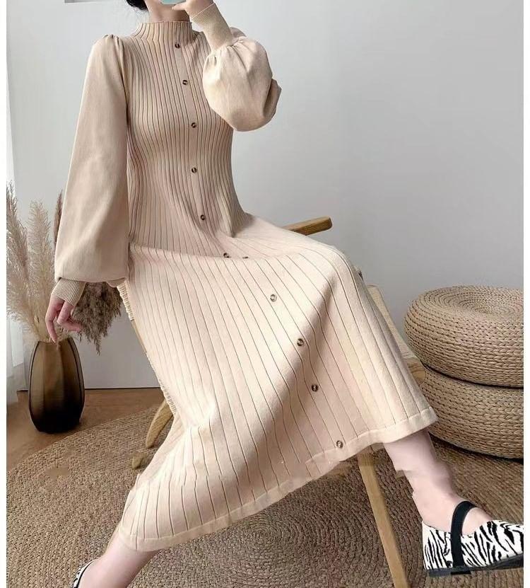 Puff-Sleeve High Neck Plain Ribbed Midi Knit Dress Product Image