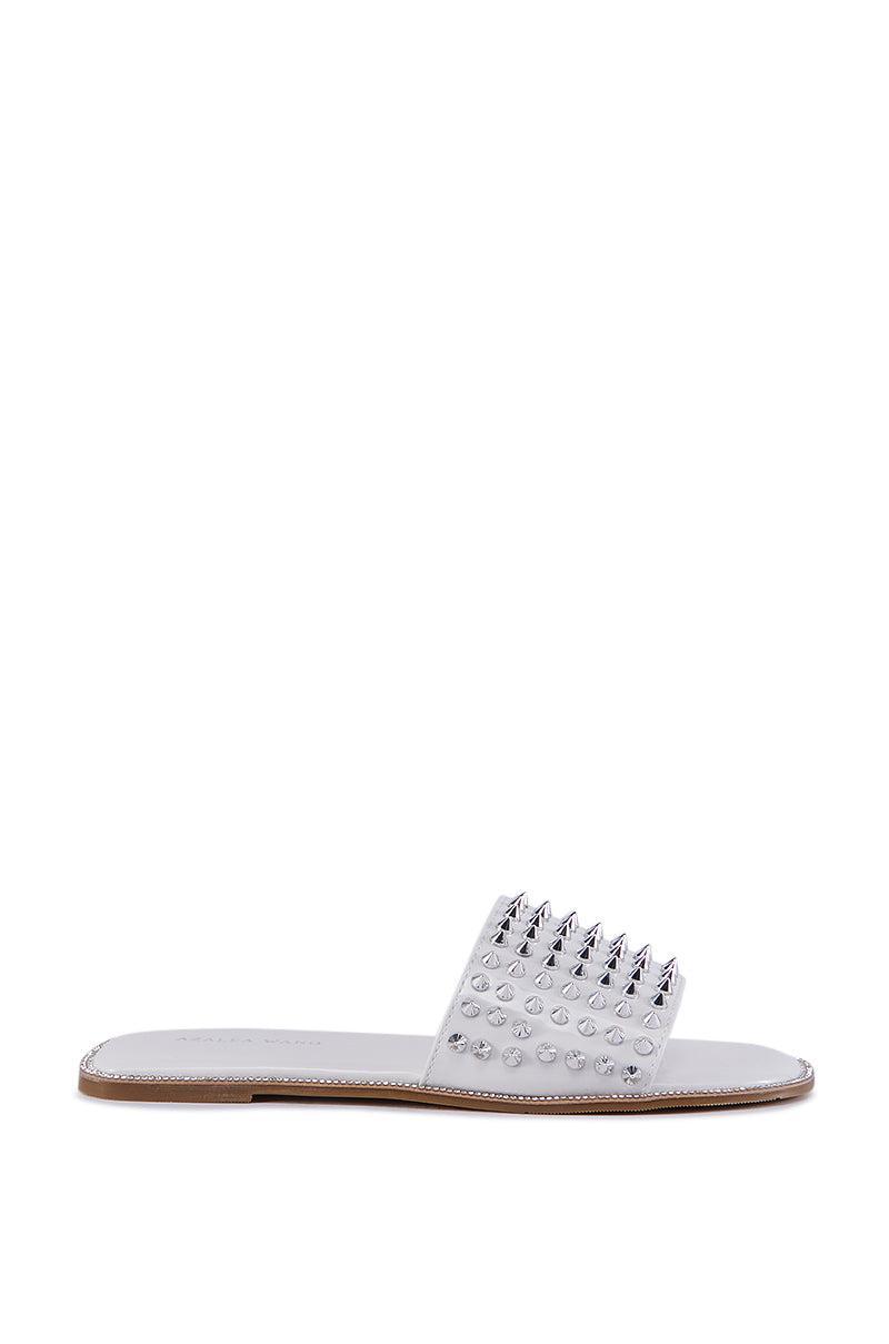 AZALEA WANG EMMONS WHITE SPIKY STUD FLAT SANDAL Product Image