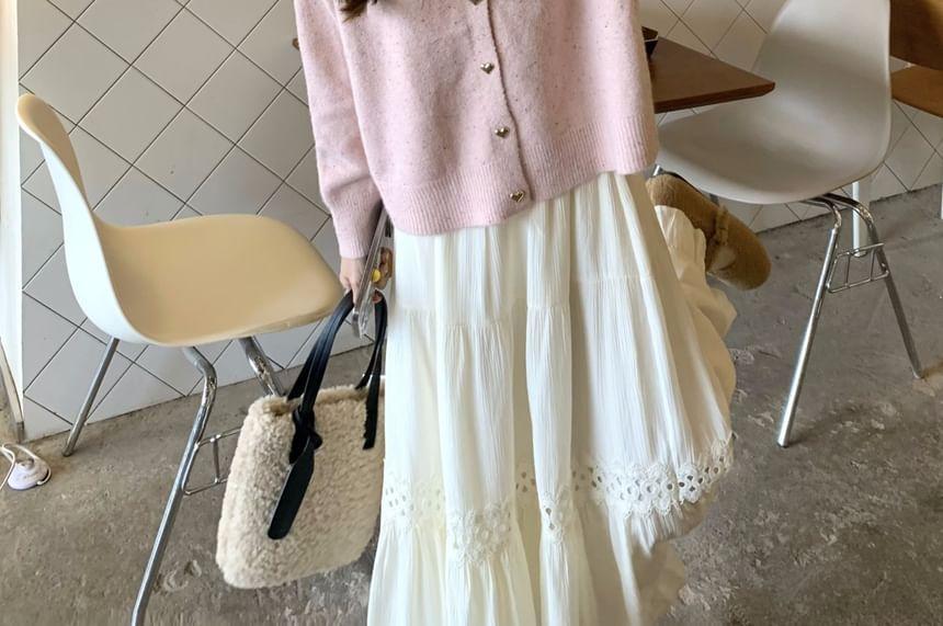 Crewneck Ribbon Neck Plain Cardigan / High Waist Maxi A-Line Skirt Product Image