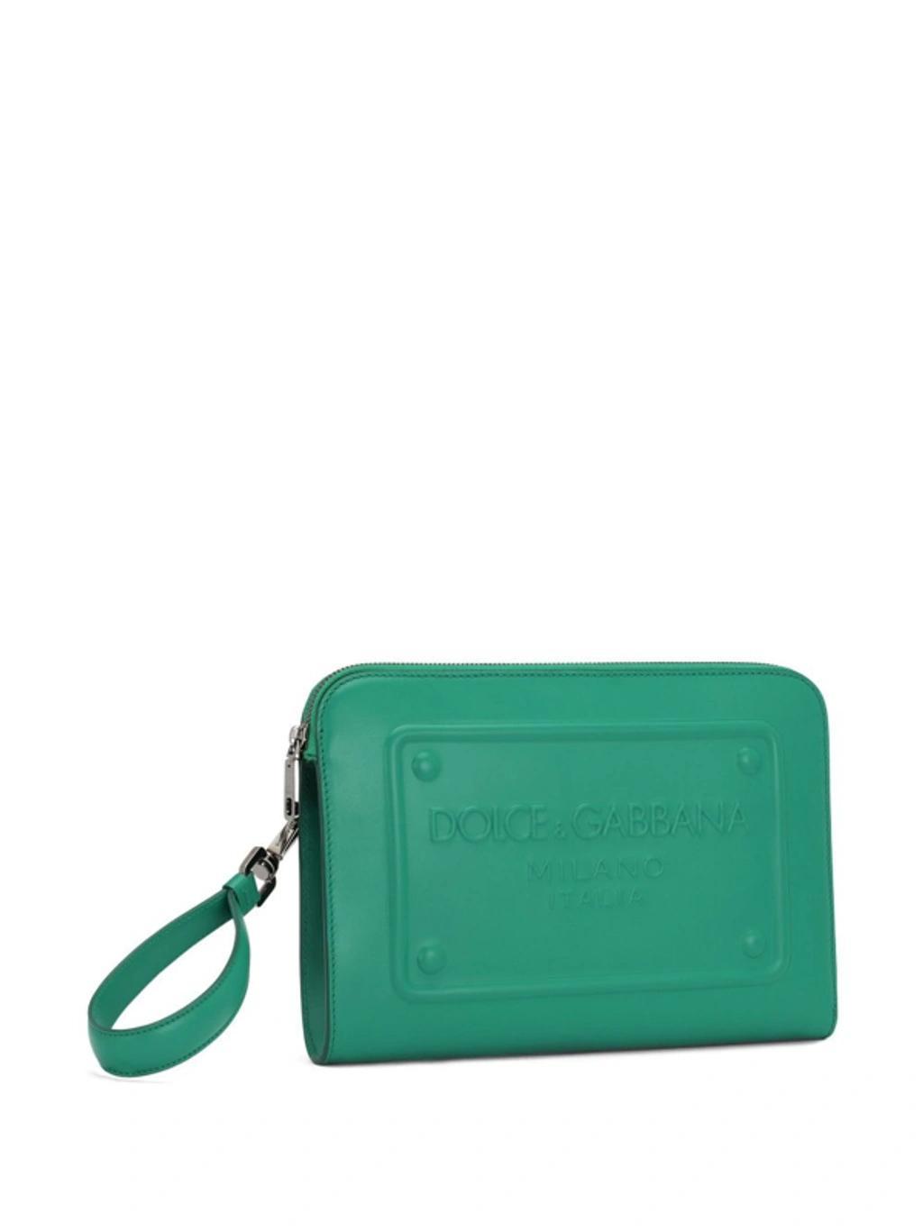 Raised-logo Leather Clutch In Green Product Image