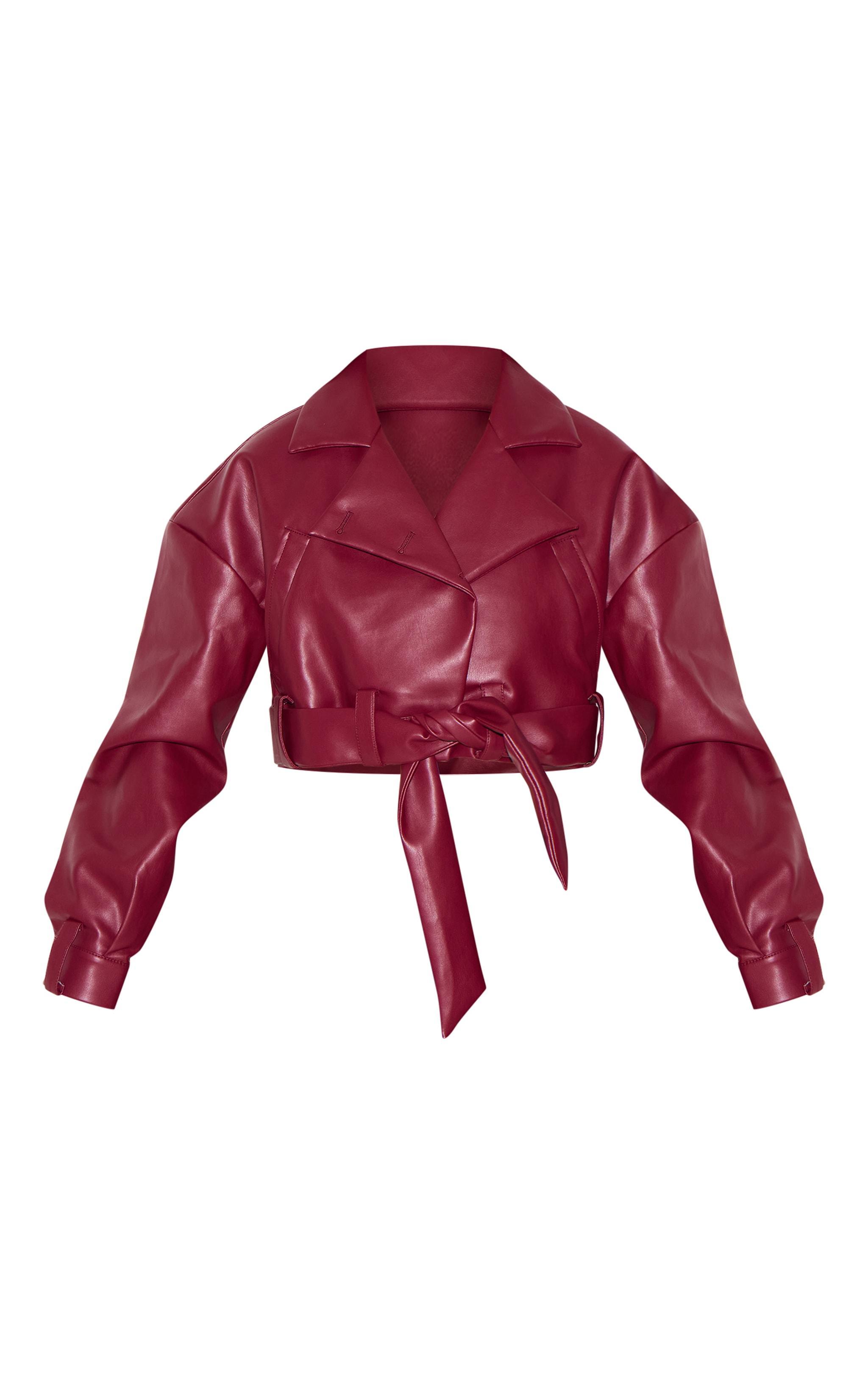 Burgundy Faux Leather Cropped Biker Jacket Product Image