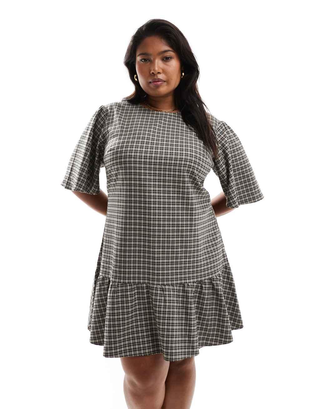 Renee Studio x Holly Wynne exclusive dropped hem puff sleeve mini dress in brown check Product Image