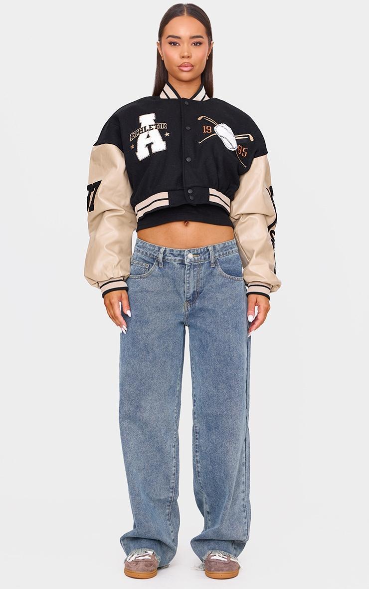 Oatmeal Wool Look Graphic Front Cropped Bomber Jacket Product Image