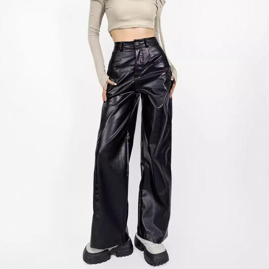 High Rise Faux Leather Plain Flared Pants Product Image