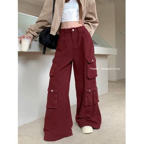 High Waist Pocket Detail Wide Leg Jeans Product Image