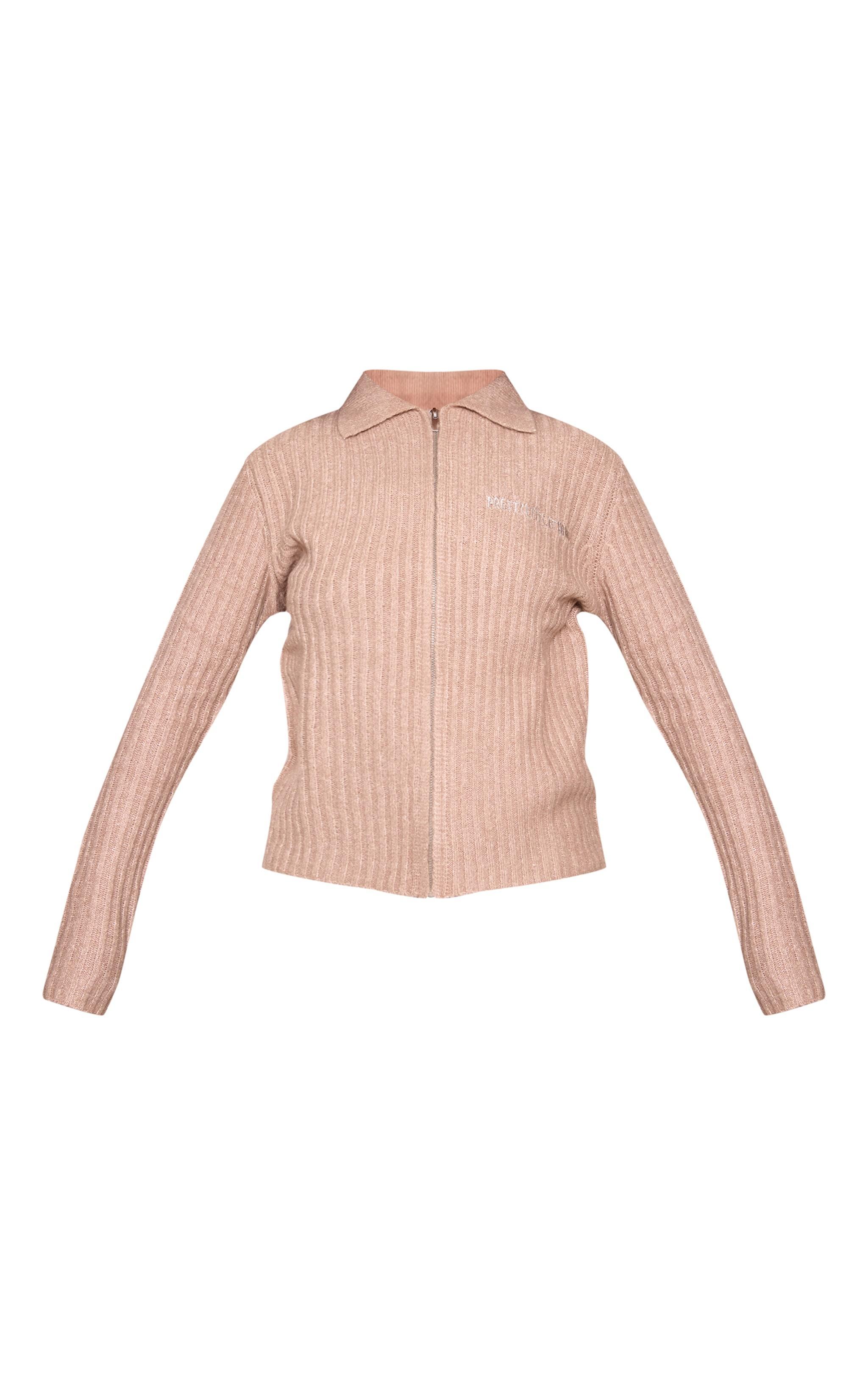 PRETTYLITTLETHING Taupe Rib Knit Collar Detail Zip Up Cardigan product image