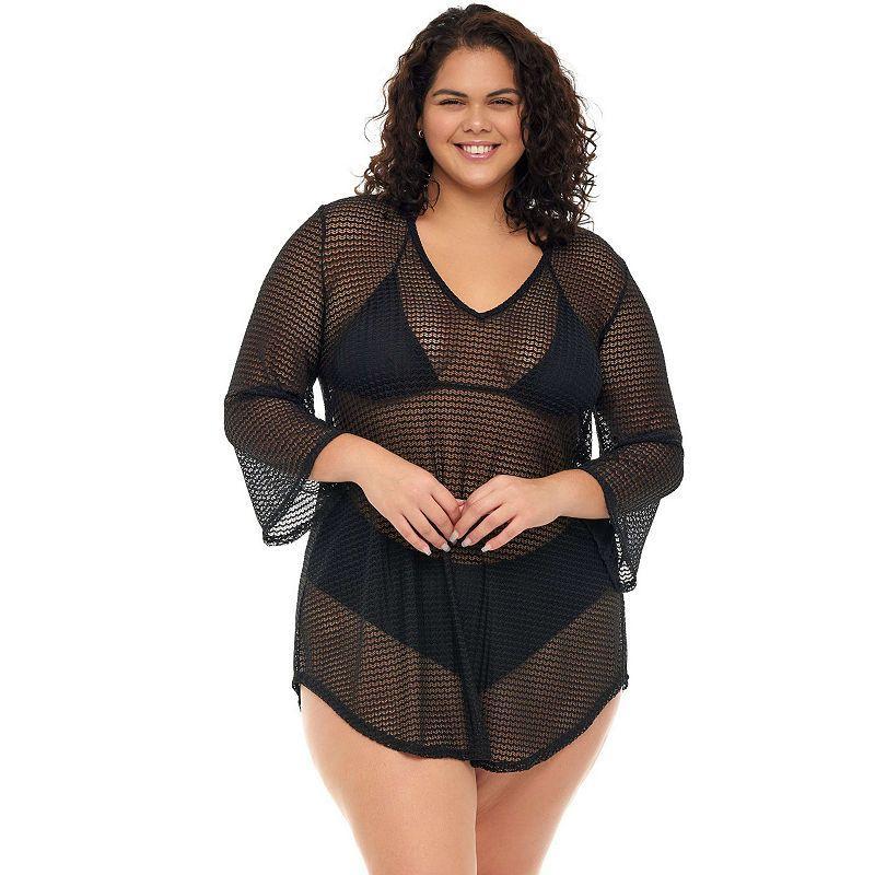 Plus Size Jordan Taylor Bell-Sleeve Swim Cover-Up Tunic, Womens Black Product Image