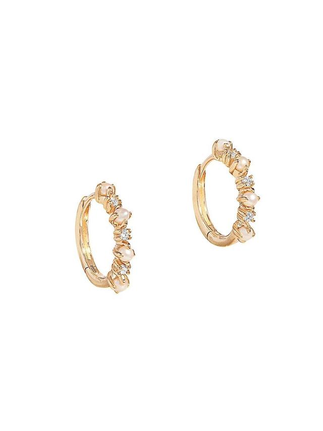 Womens 14K Yellow Gold, Pearl & Diamond Huggie Earrings Product Image