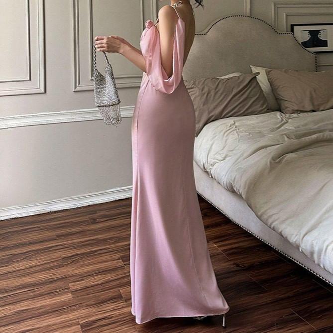 Spaghetti Strap Cowl Neck Plain Satin Bodycon Maxi Dress Product Image