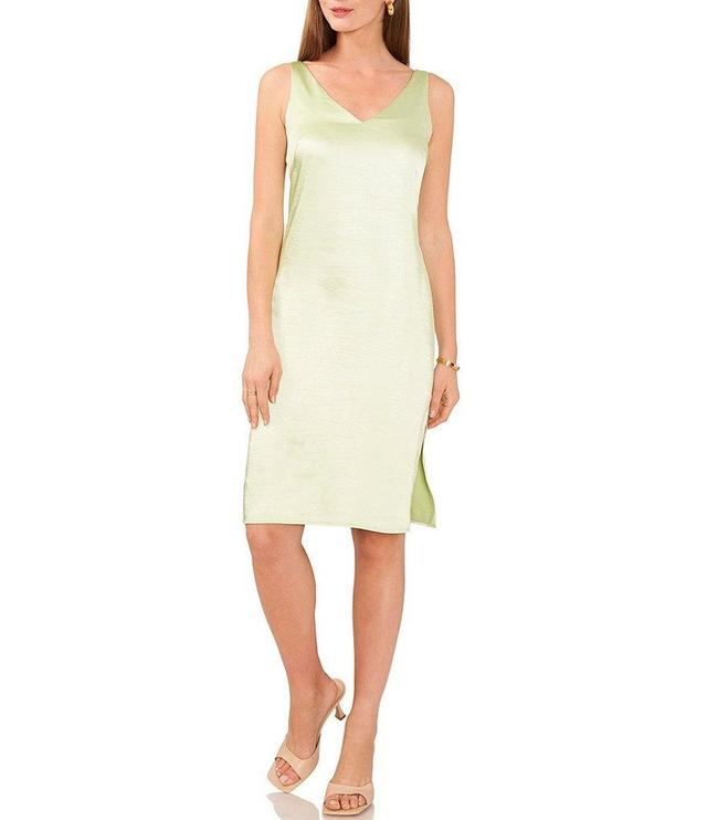 Vince Camuto Textured Satin V-Neck Sleeveless Side Slit Knee Length Slip Dress Product Image