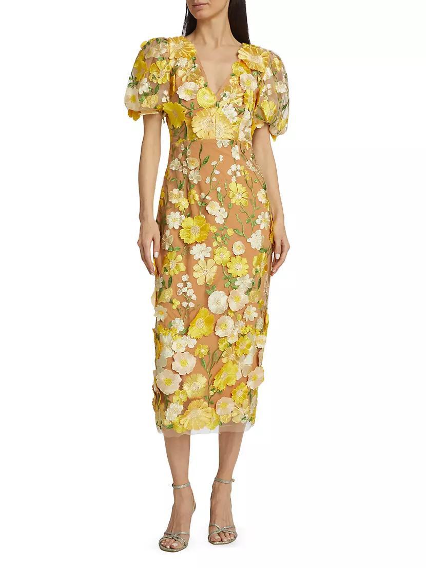 Indie Floral Puff-Sleeve Midi-Dress Product Image