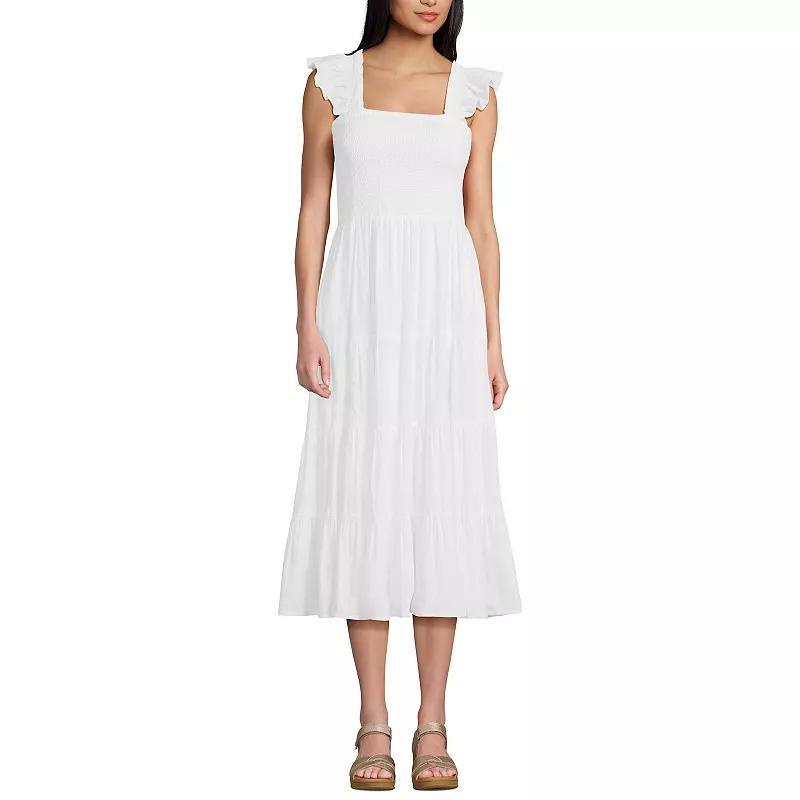 Womens Lands End Cotton Dobby Smocked Ruffle Shoulder Midi Dress Product Image