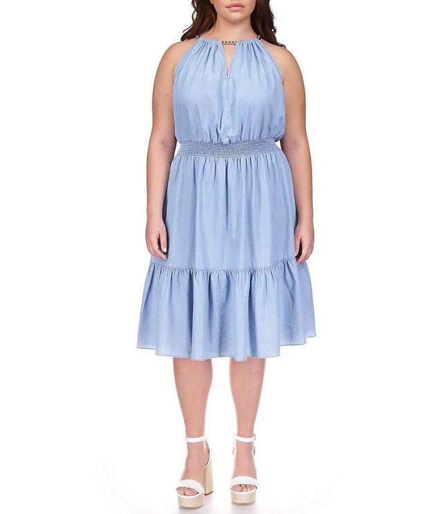 Michael Kors Plus Size Chain Halter Neck Smocked Waist Sleeveless Midi Dress Product Image