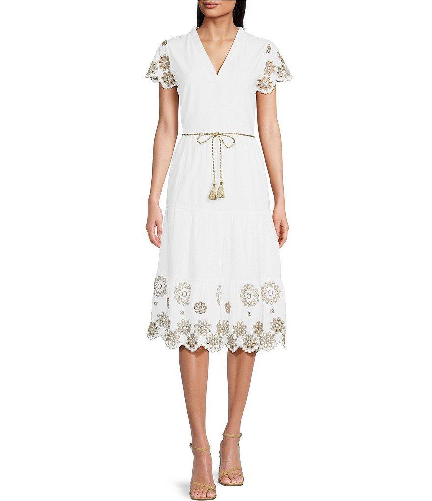 Jude Connally Eliza Lurex Gold Eyelet Embroidered Belted Tassel Tie Tiered A-Line Midi Dress Product Image