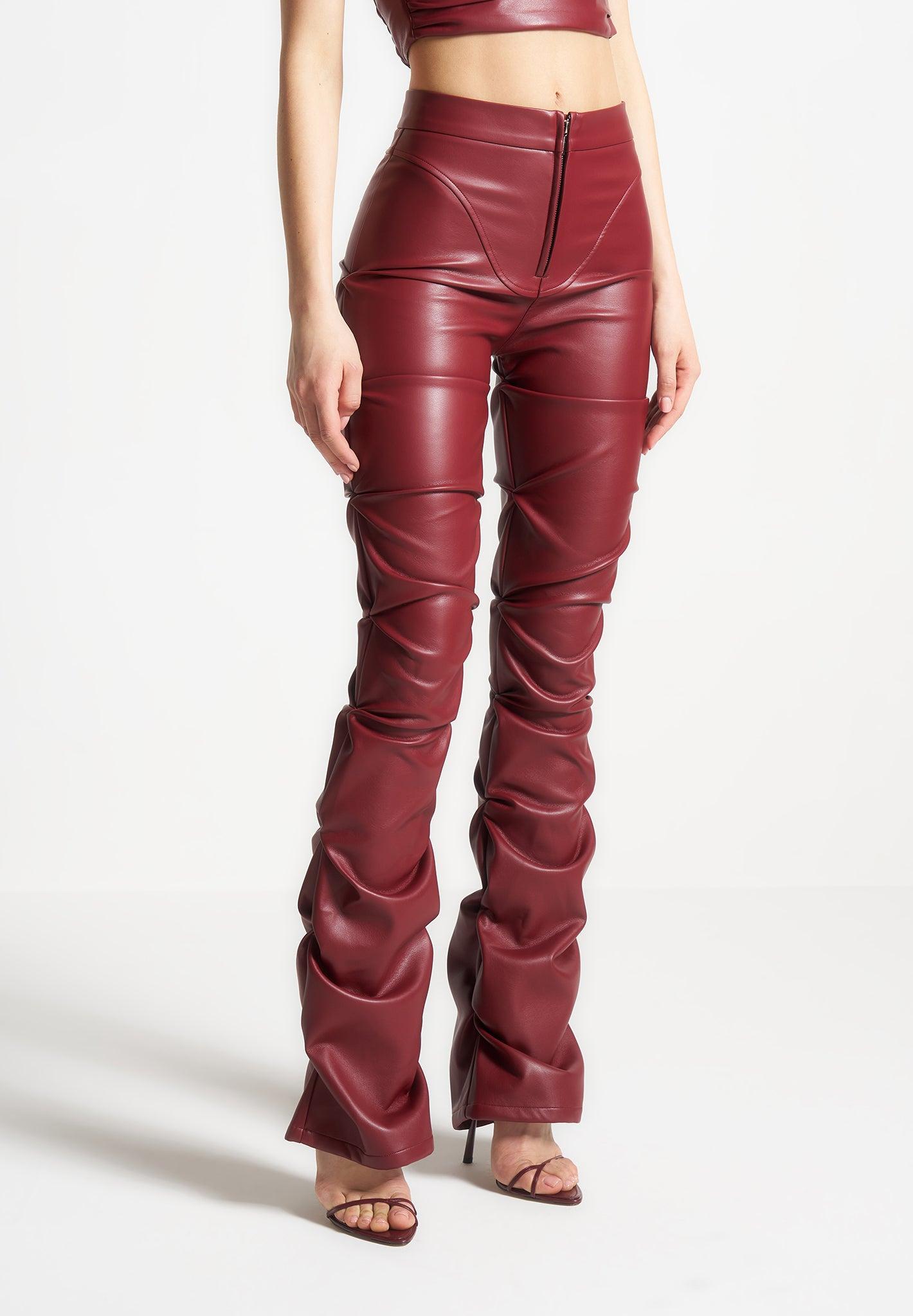 Tacked Vegan Leather Flared Trousers - Wine Red Female Product Image